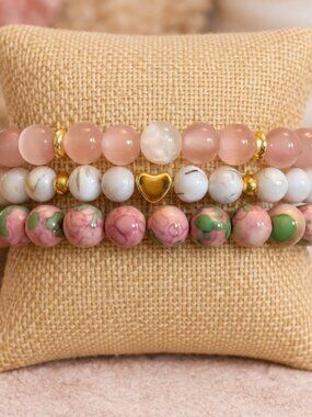 Pink Jade Cat's Eye Selenite Bracelet Set 3pc Gemstone Stack Gift Ready Jewelry